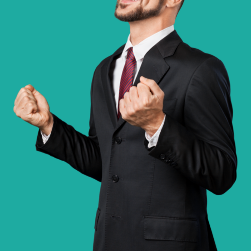 Illustration of a professional celebrating a win—arms raised in confidence, symbolizing achievement, clarity, and the momentum of business success.