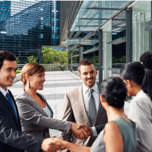 professionals meeting and shaking hands in greeting